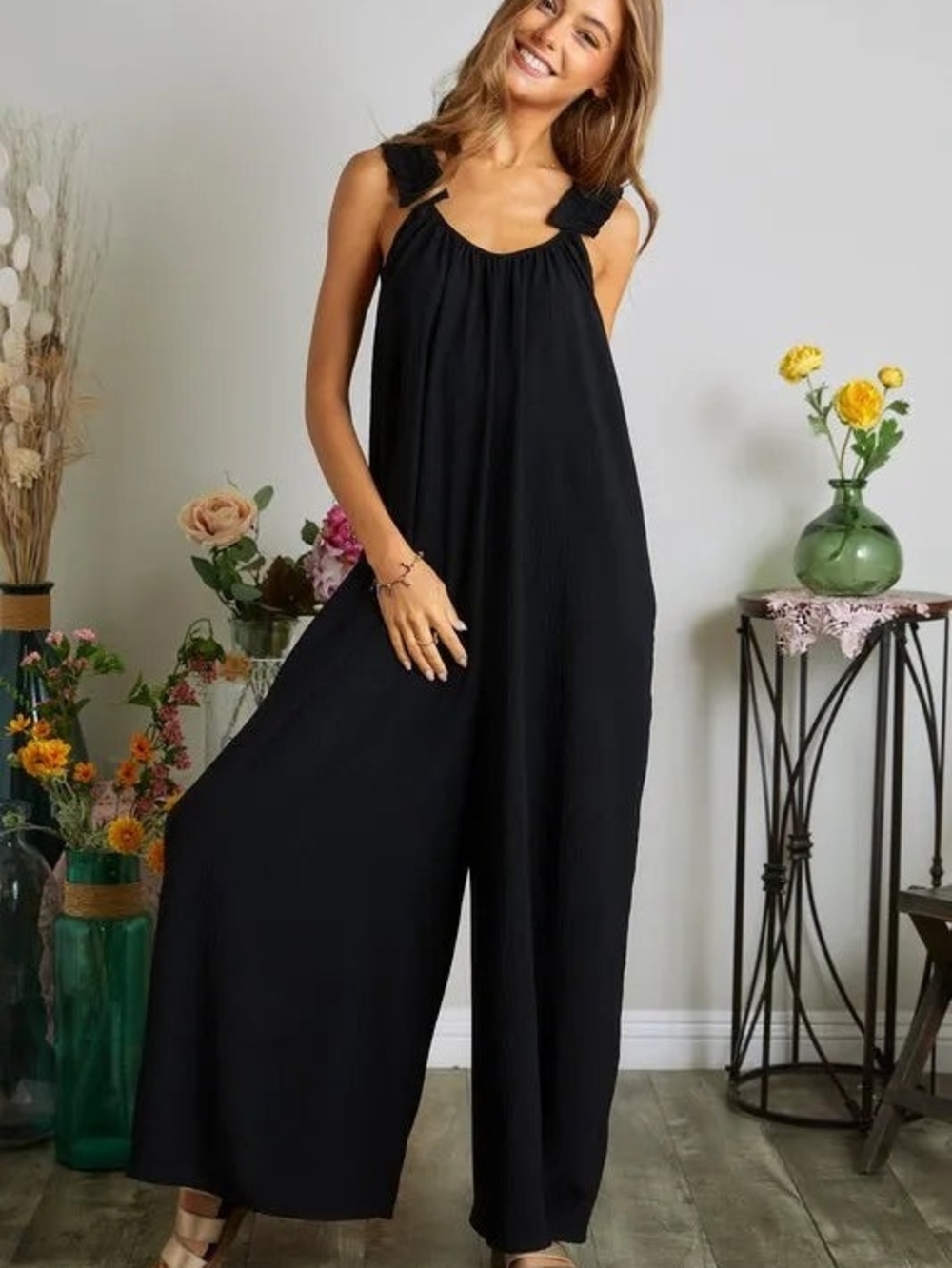 Sleeveless Black Wide-Leg Jumpsuit w Elastic Ruffle Shoulder Straps & Pockets!